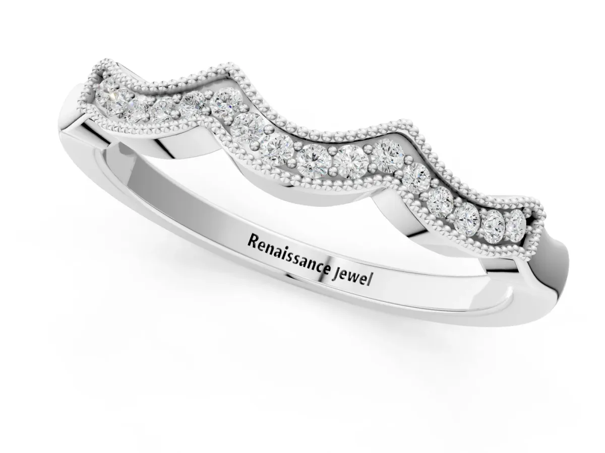 Milgrain Pavé Round Diamond Curved Band White gold