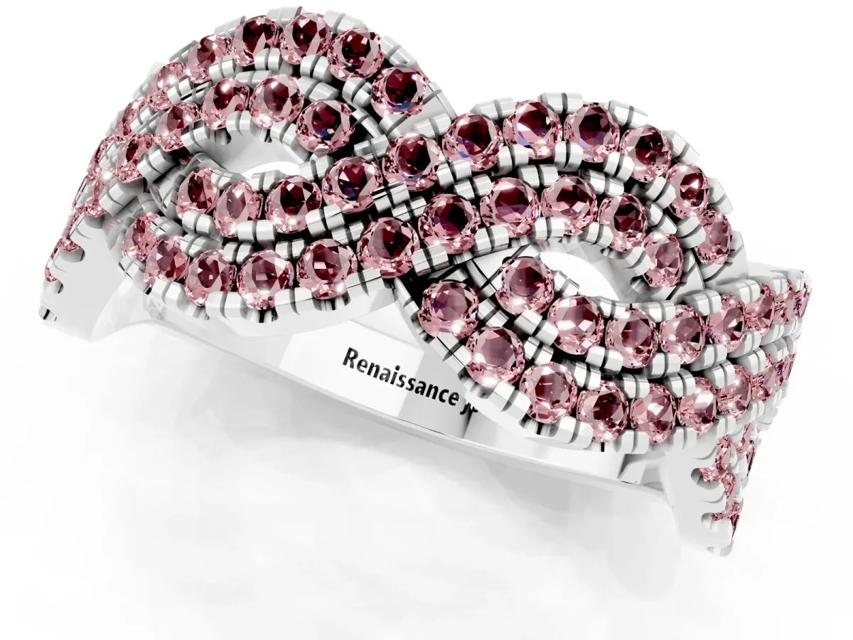 Pavé Round Morganite Infinity Twist Band with Shared Prong Setting Platinum
