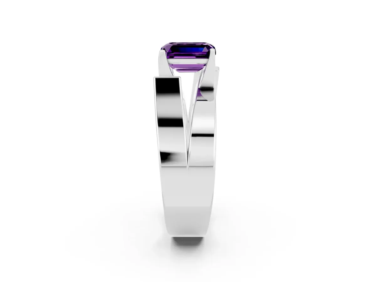 Modern Tension Set Emerald Cut Amethyst Solitaire Wide Band Ring Platinum