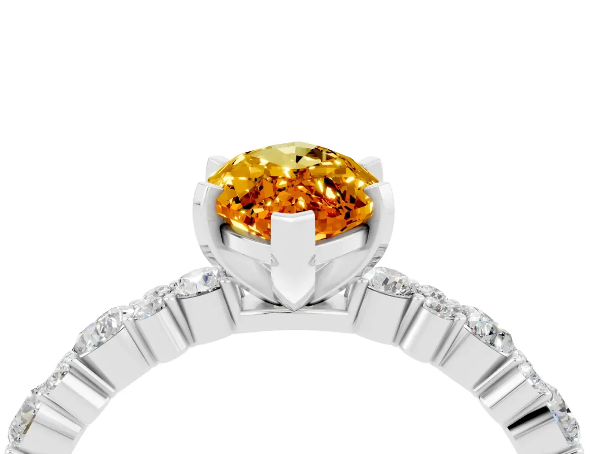 Marquise Cut Citrine Side Stone Solitaire Ring with Round and Four-Prong Setting Platinum