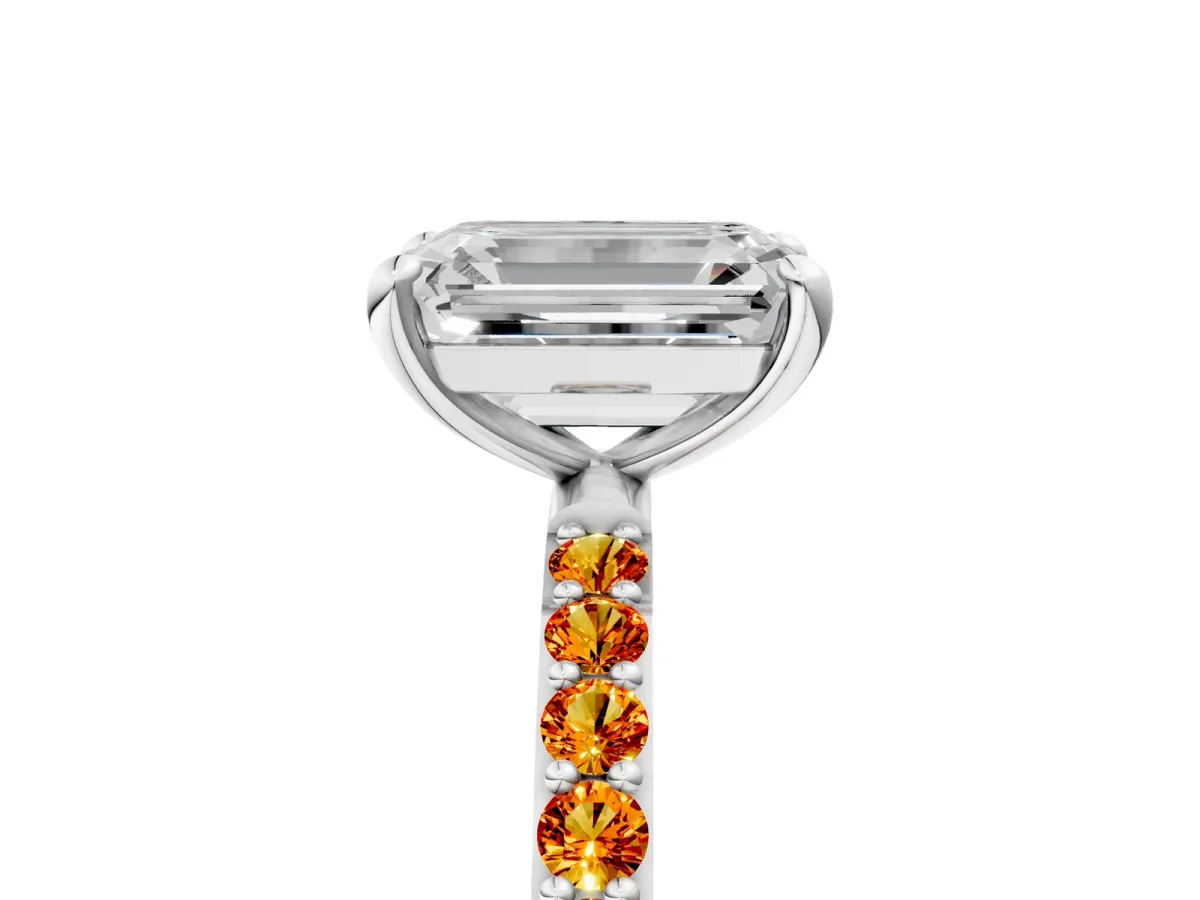 Emerald Cut Diamond Solitaire Ring with Round Citrine Pavé Band and Prong Setting Silver