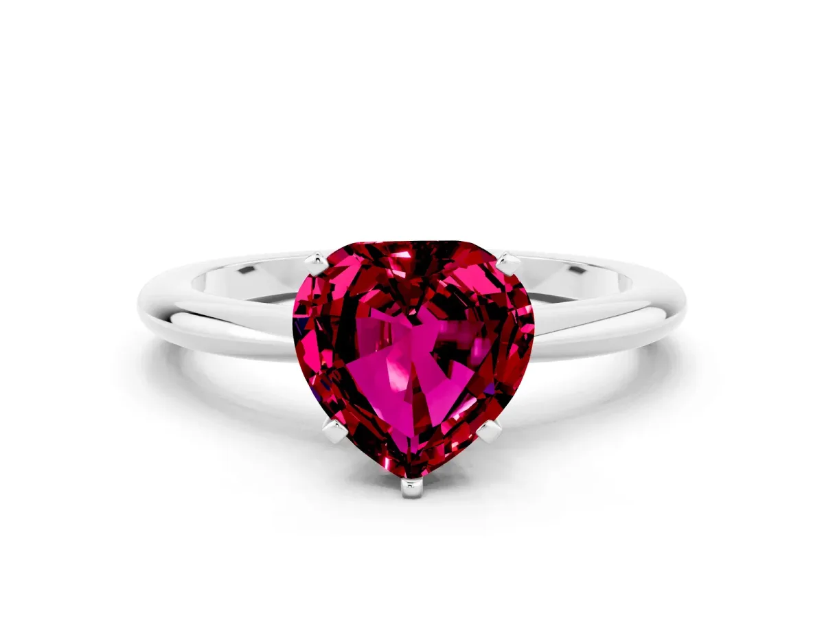Heart Cut Garnet Solitaire Ring with Six-Prong Setting and Classic Band Platinum
