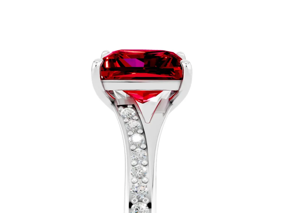 Princess Cut Ruby Solitaire Ring with Pavé Band and Prong Setting Silver