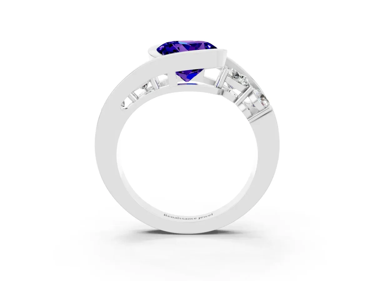 Bezel Set Round Cut Tanzanite Bypass Ring with Round Accents Silver