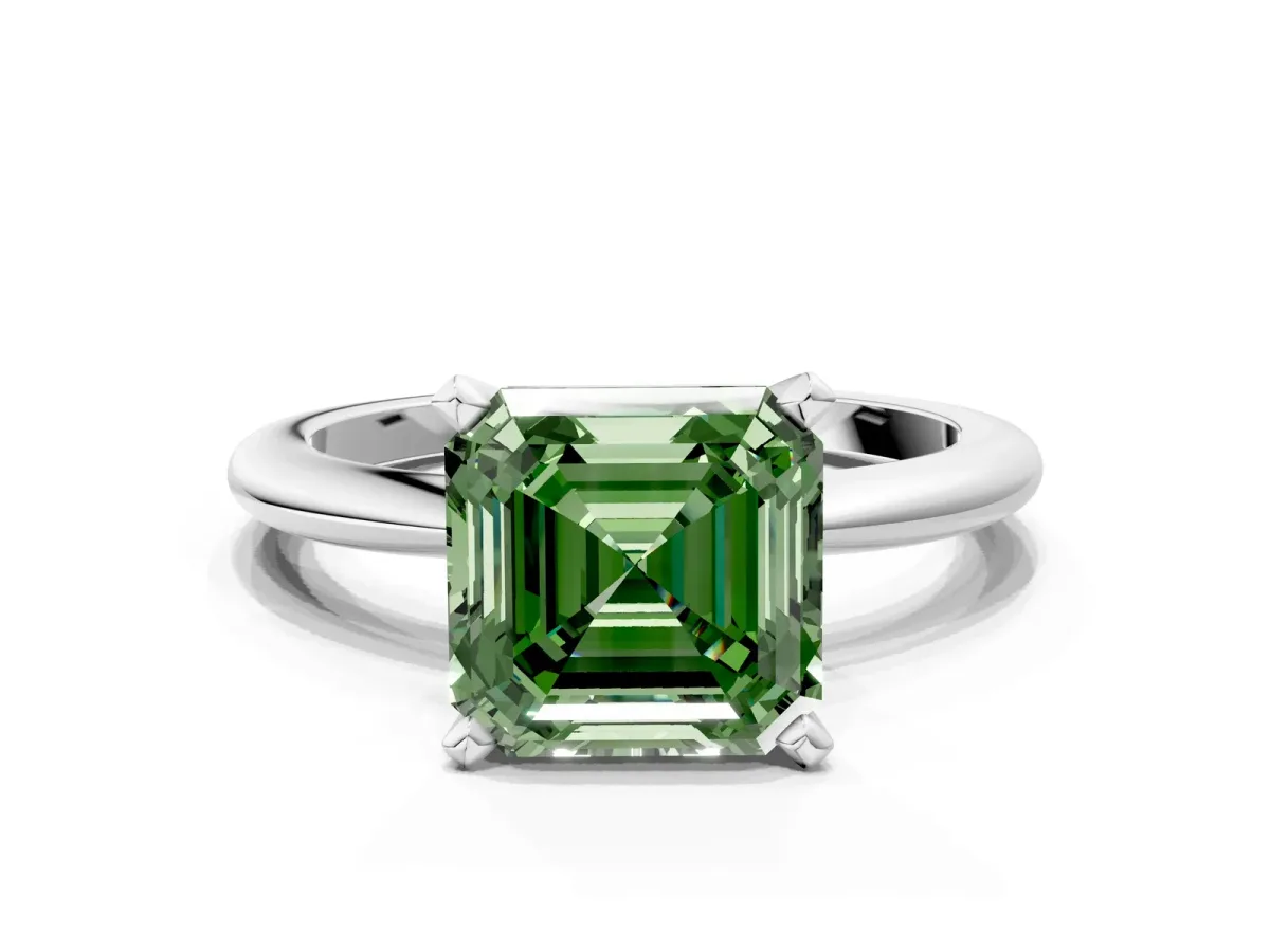 Fancy Green Asscher Cut Diamond Solitaire Ring with Six-Prong Setting and Classic Band Silver