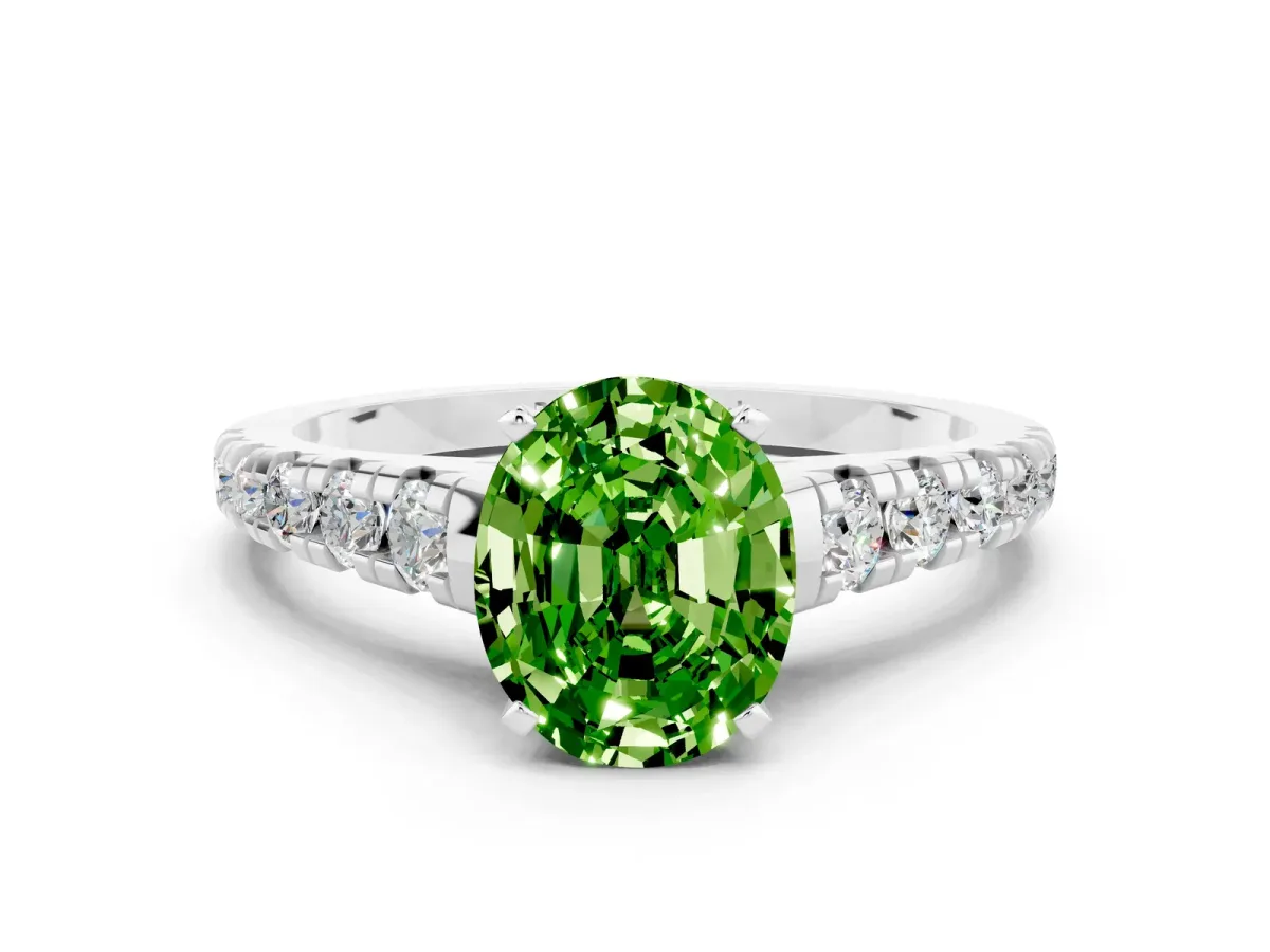 Oval Cut Peridot Cathedral Solitaire Ring with Round Pavé Band Platinum