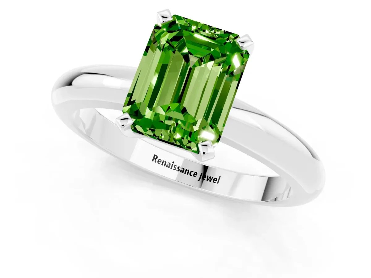 Emerald Cut Peridot Solitaire Engagement Ring with Round Band and Four-Prong Setting Silver