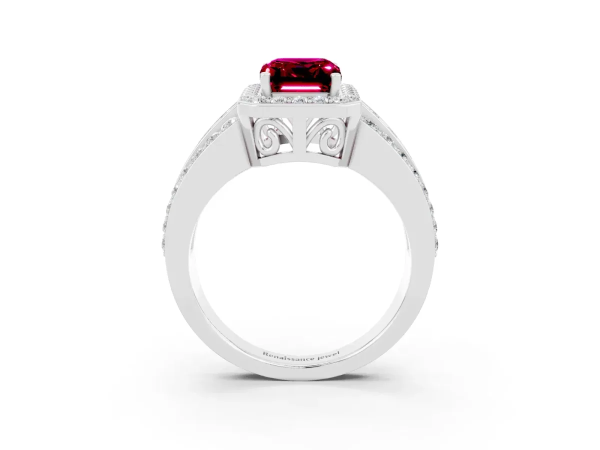 Emerald Cut Halo Garnet Ring with Round Split Shank and Prong Setting Silver