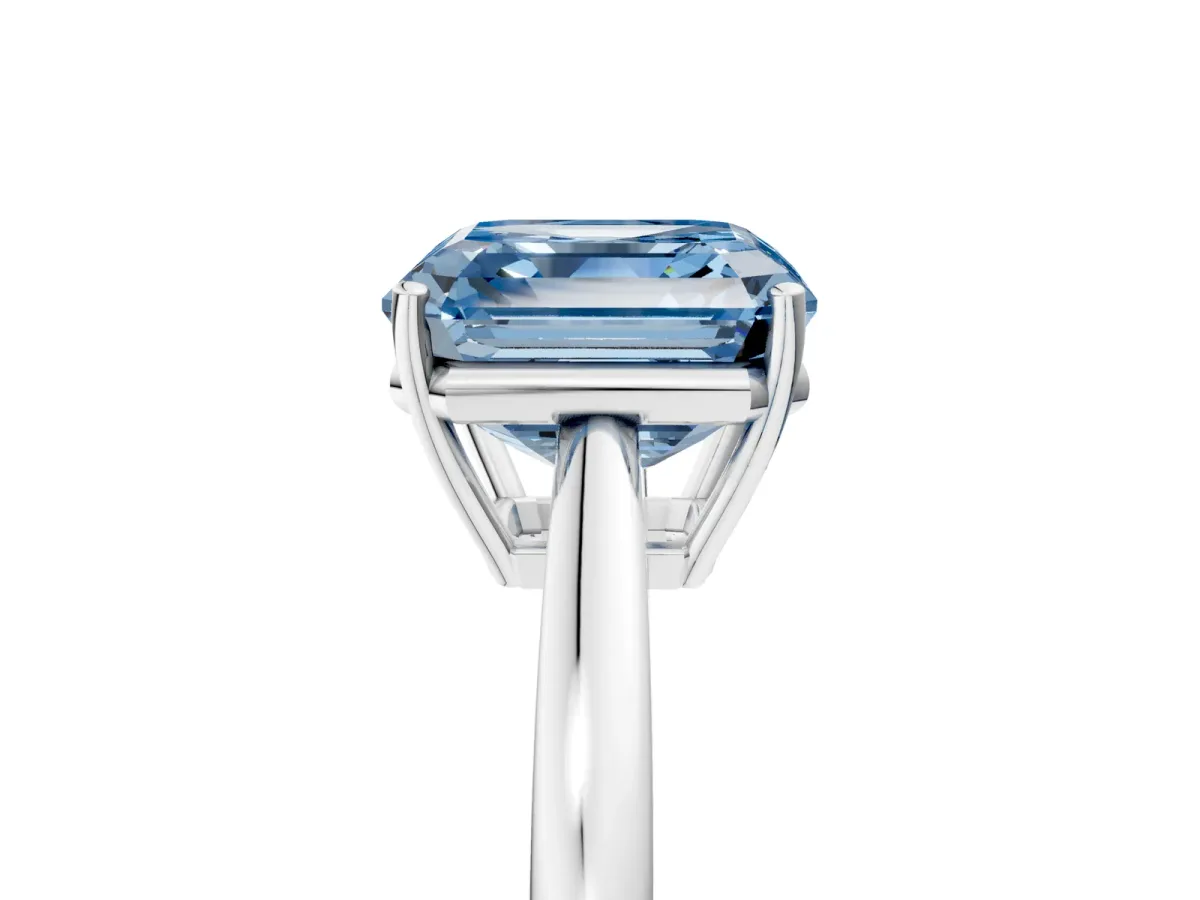 Fancy Blue Asscher Cut Solitaire Diamond Ring with Split Shank and Four-Prong Setting Platinum