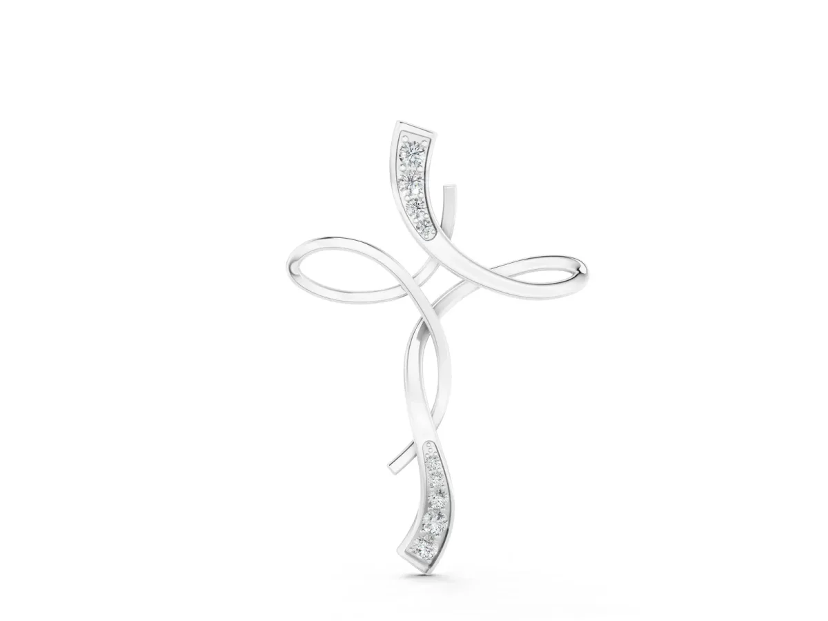 Pavé Round Diamond Twist Cross Pendant Silver