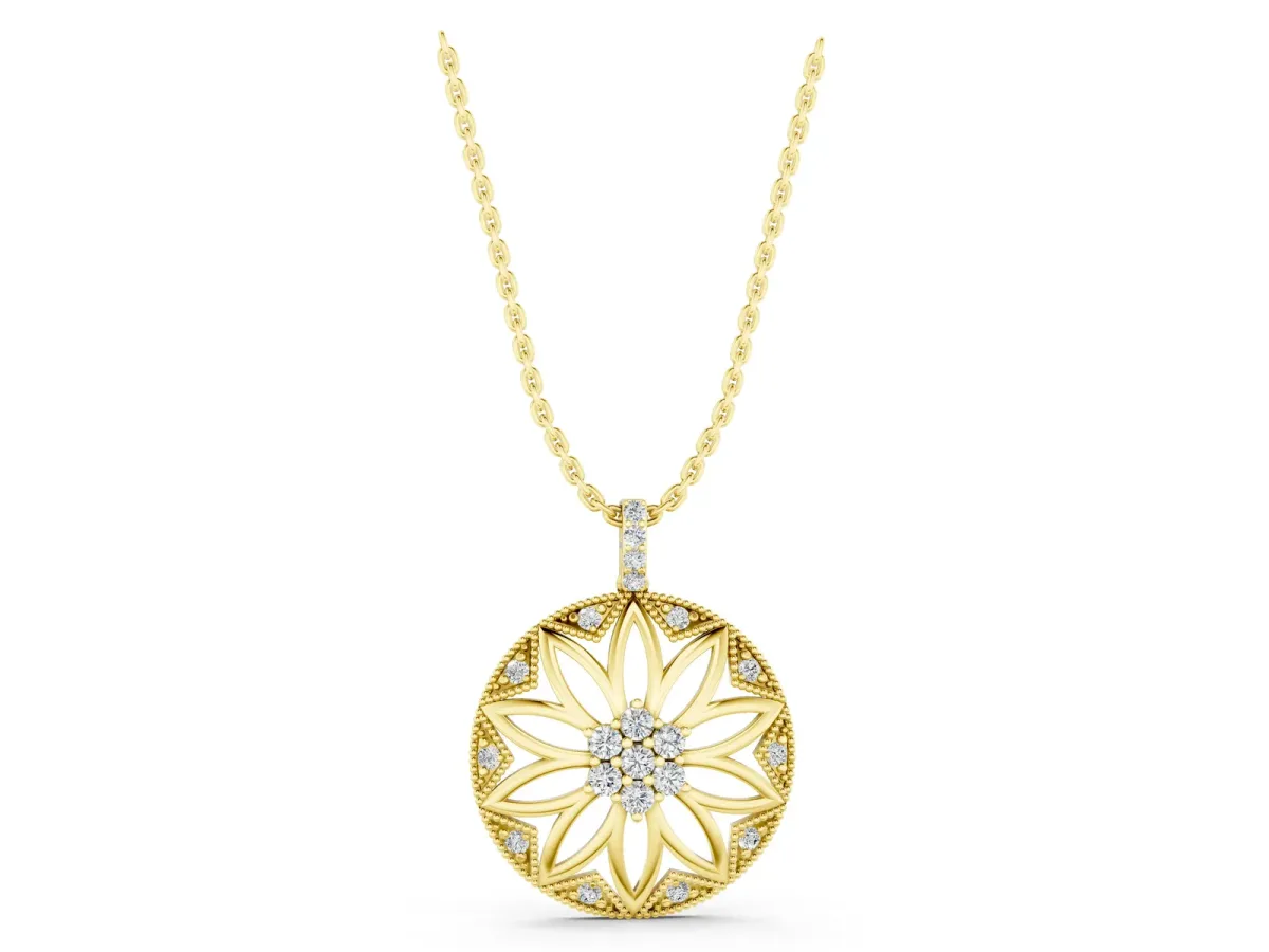 Round Diamond Cluster Flower Pendant Yellow gold