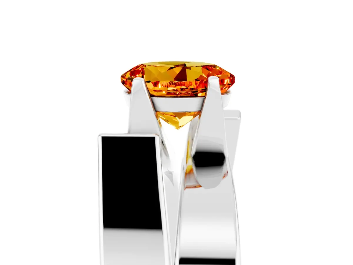 Modern Tension Set Round Cut Citrine Solitaire Wide Band Ring Silver
