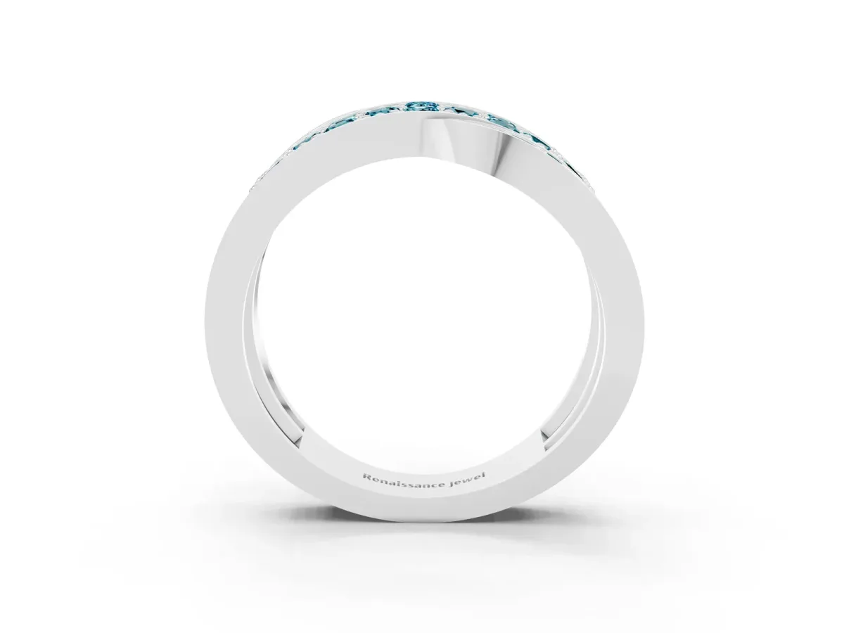 Pavé Round Blue Topaz Crossover Band with Bead Prong Setting White gold