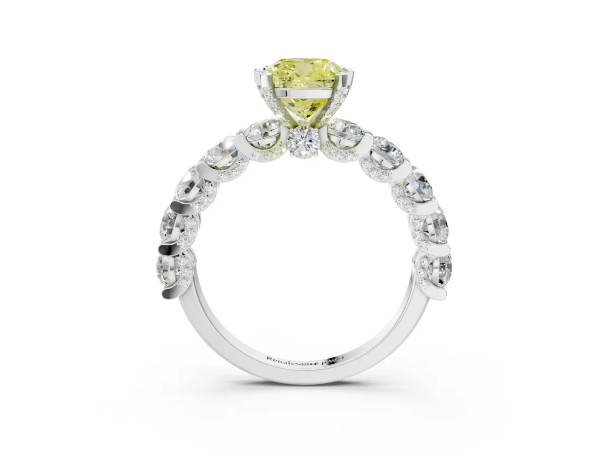 Fancy Yellow Cushion Cut Diamond Side Stone Engagement Ring with Four-Prong Setting Silver