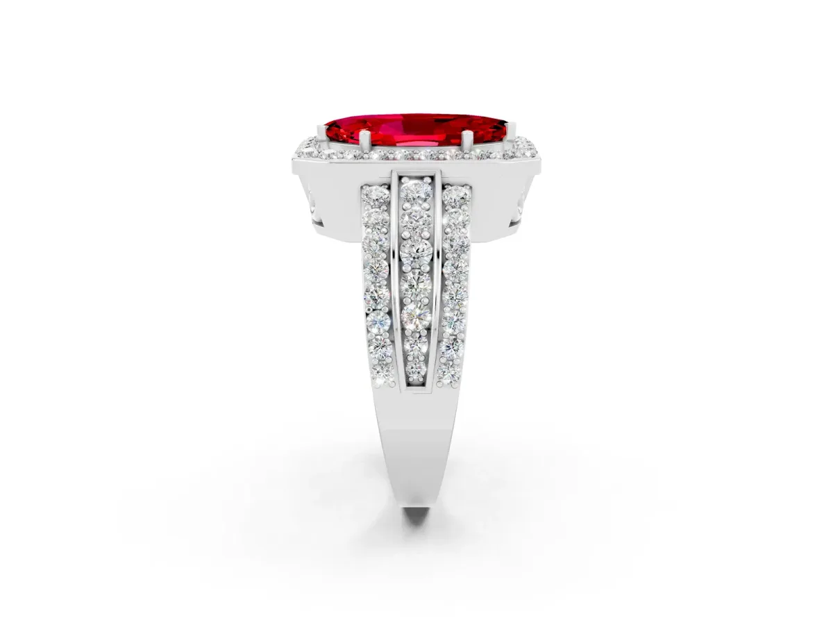 Marquise Cut Halo Ruby Ring with Round Split Shank and Prong Setting White gold