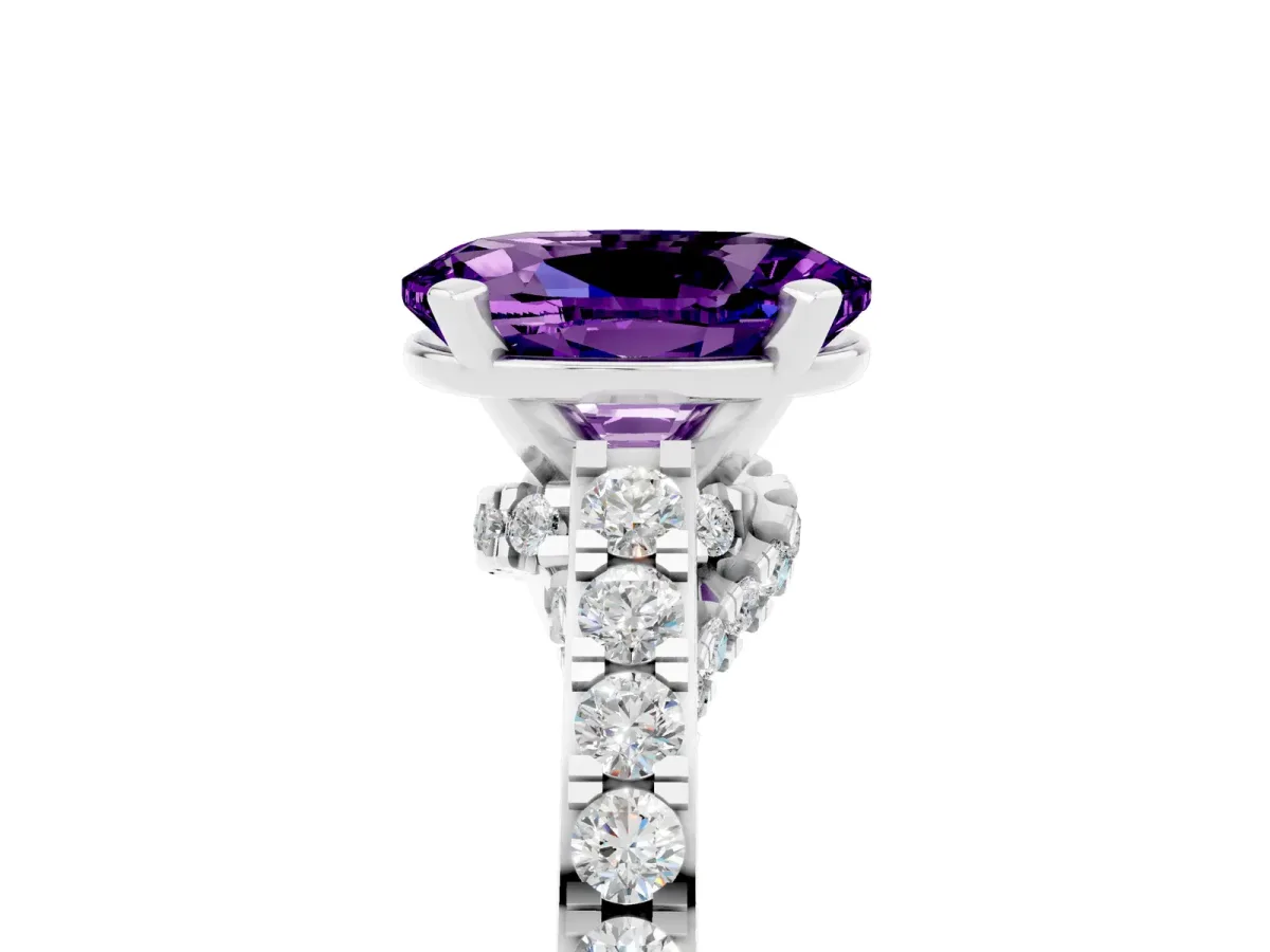 Oval Cut Amethyst Solitaire Ring with Crossover Gallery and Round Pavé Band Silver