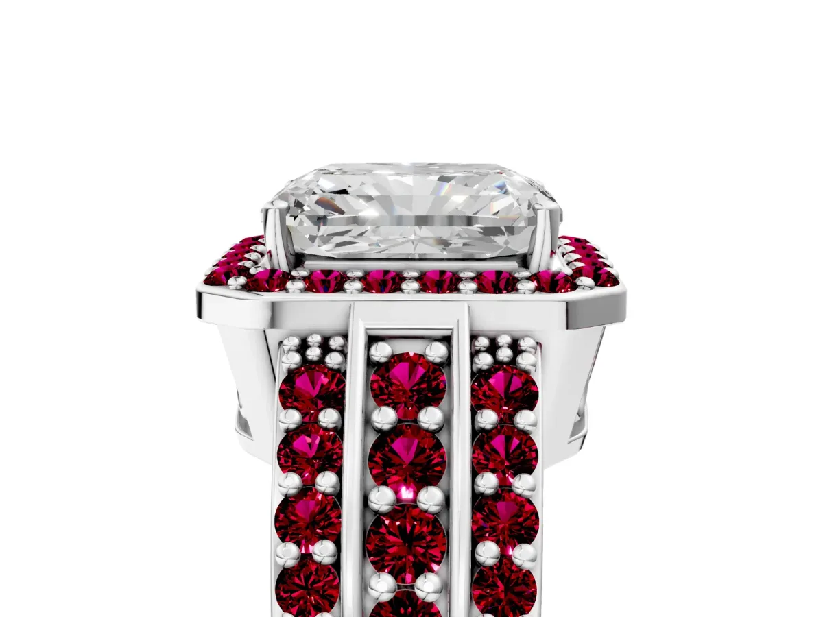 Radiant Cut Halo Diamond Ring with Round Garnet Split Shank and Prong Setting Platinum