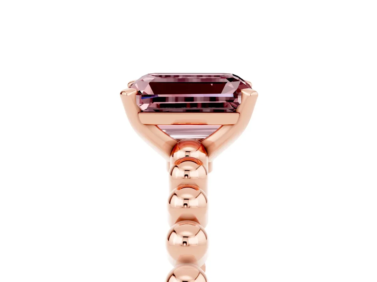 Emerald Cut Morganite Solitaire Ring with Beaded Band and Prong Setting Rose gold