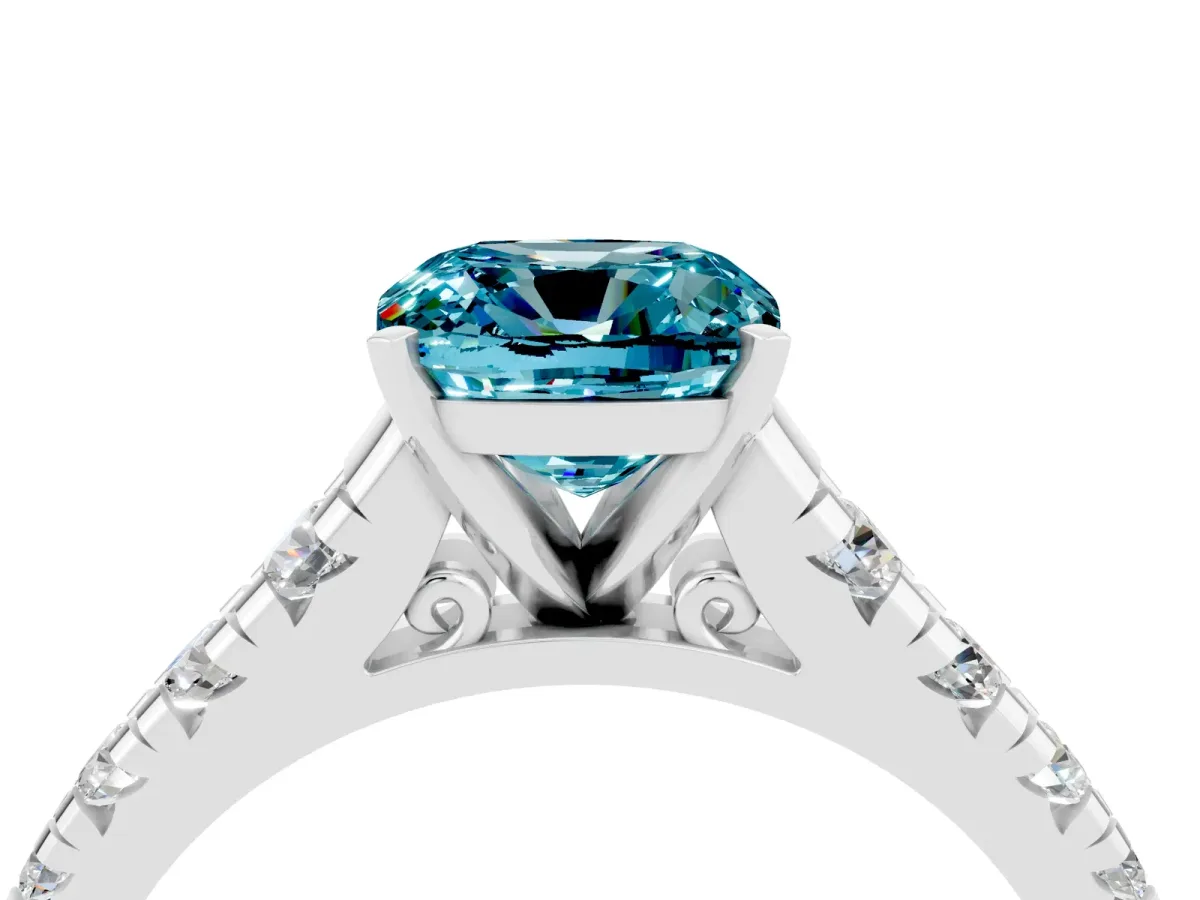 Cushion Cut Blue Topaz Cathedral Solitaire Ring with Round Pavé Band Silver