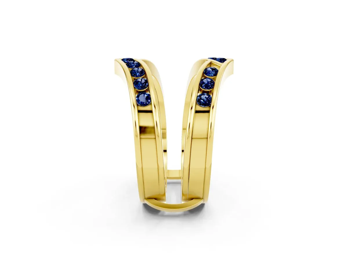 Round Blue Sapphire Channel-Set Chevron Band Yellow gold
