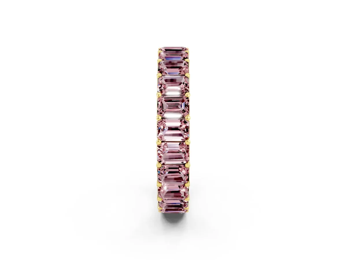 Emerald Cut Morganite Eternity Band with Shared Prong Setting Yellow gold