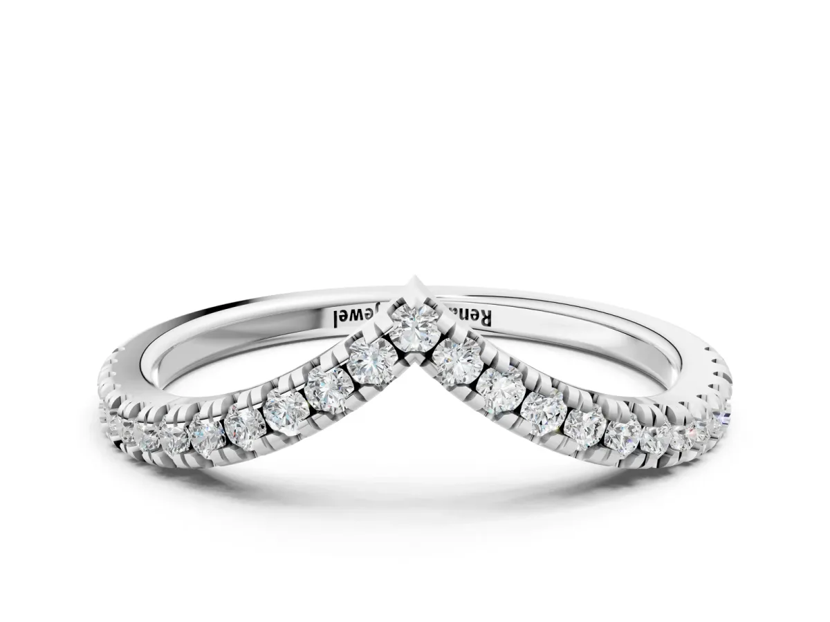 Pavé Round Diamond V-Shaped Chevron Band with Shared Prong Setting Silver