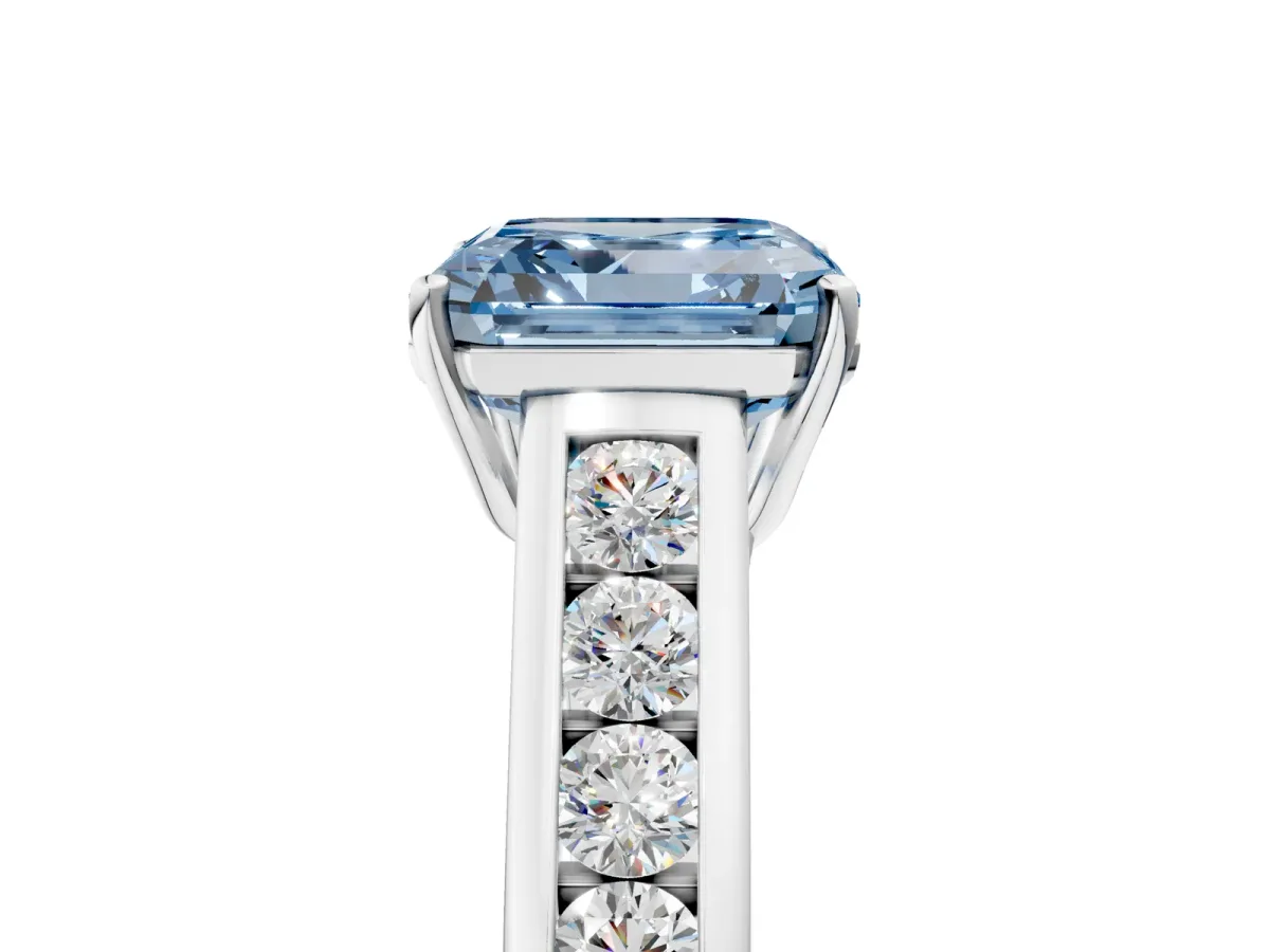 Fancy Blue Asscher Cut Brilliant Channel-Set Solitaire Ring with Four-Prong Setting Platinum