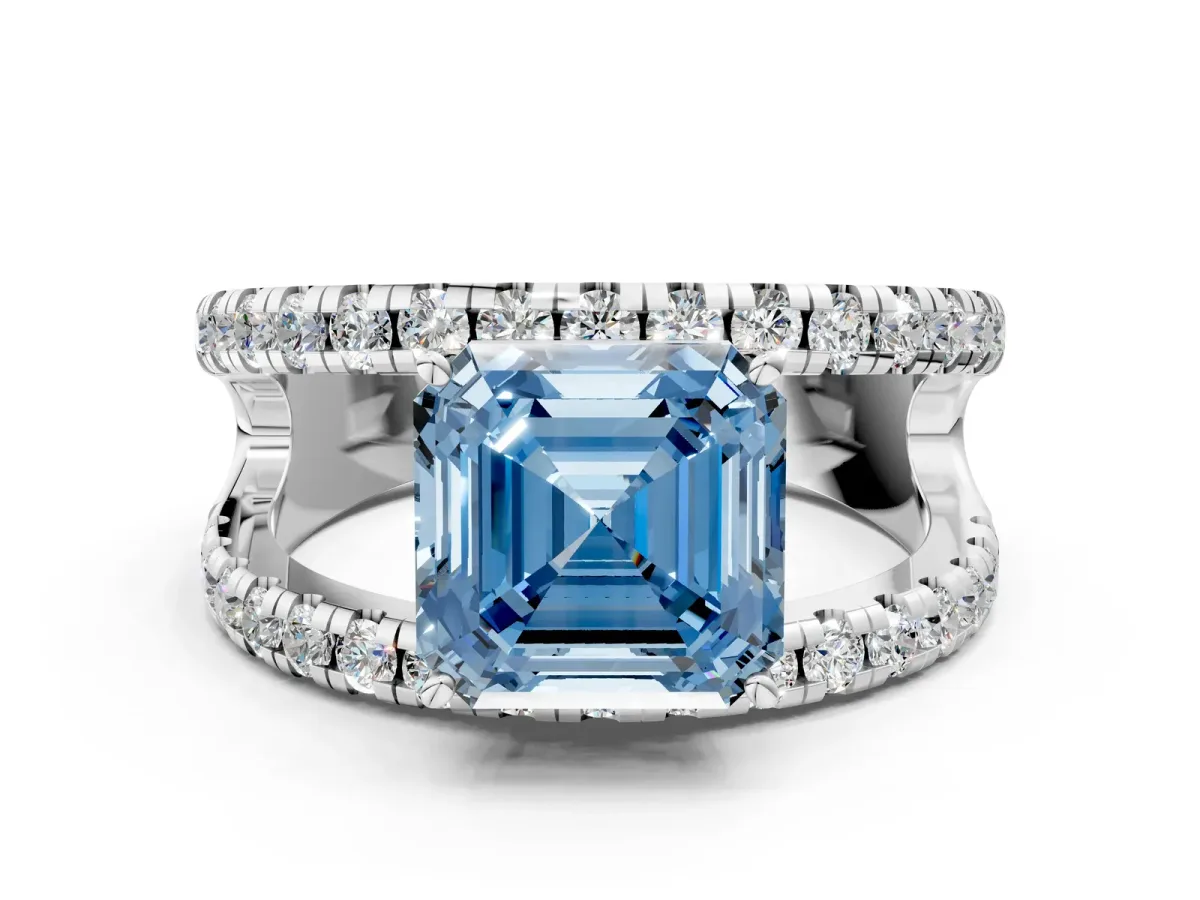 Fancy Blue Asscher Cut Solitaire Split Shank Pave Diamond Ring Platinum