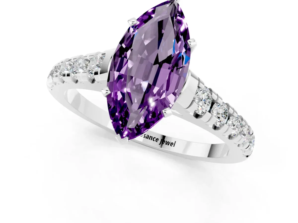 Marquise Cut Amethyst Cathedral Solitaire Ring with Round Pavé Band Platinum