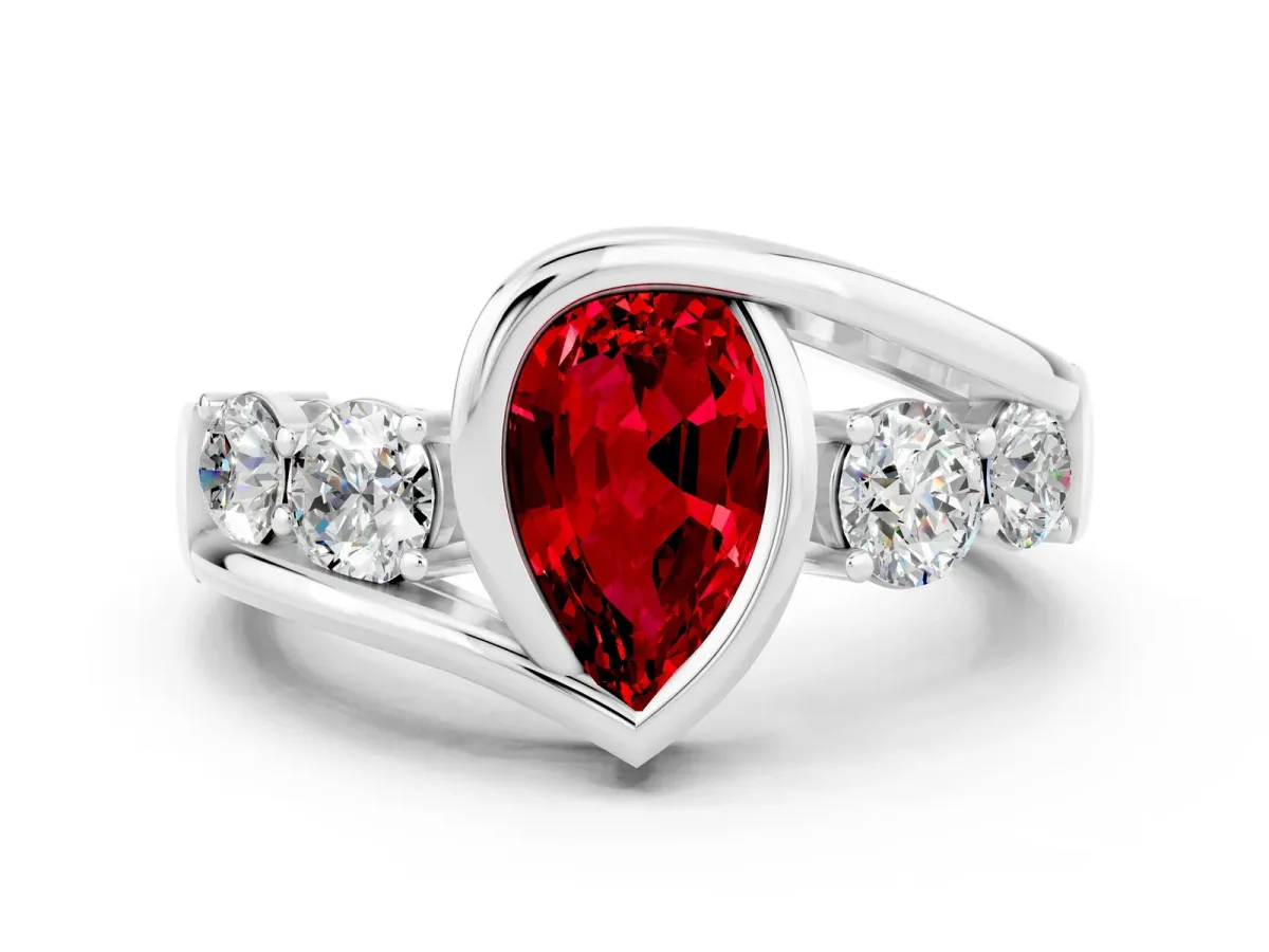 Bezel Set Pear Cut Ruby Bypass Ring with Round Accents Silver