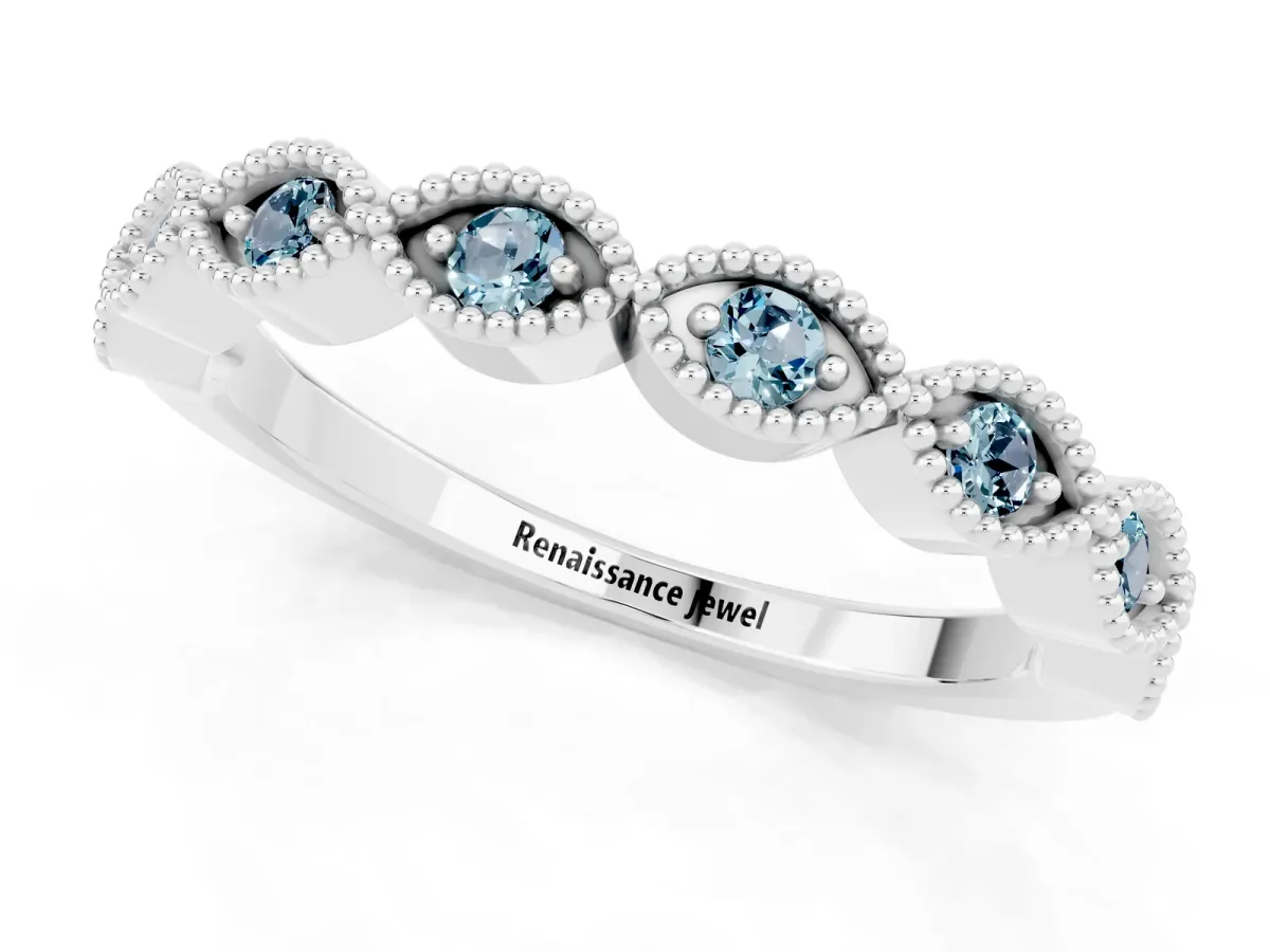 Milgrain Marquise Aquamarine Half Eternity Band with Bezel Setting Silver