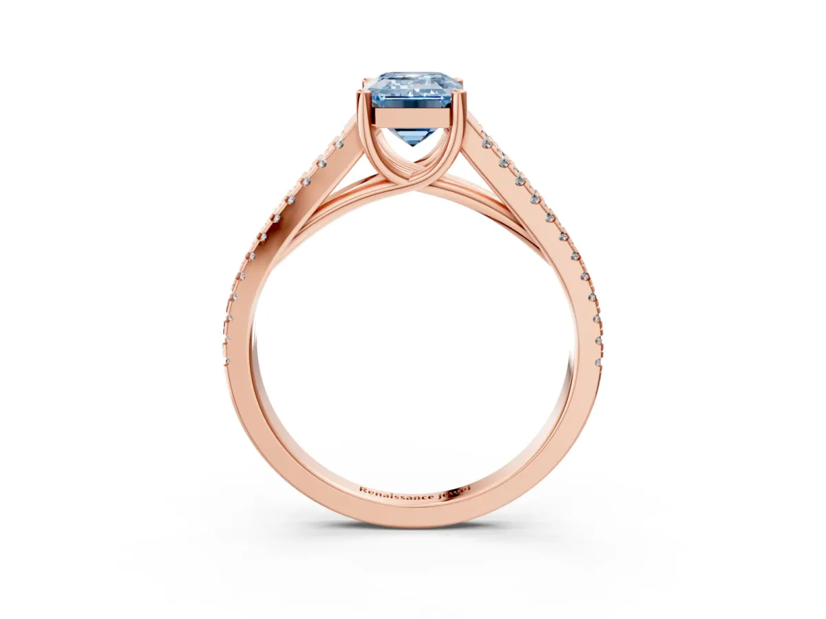 Fancy Blue Emerald Cut Diamond Solitaire Engagement Ring with Split Shank Pavé Band Rose gold