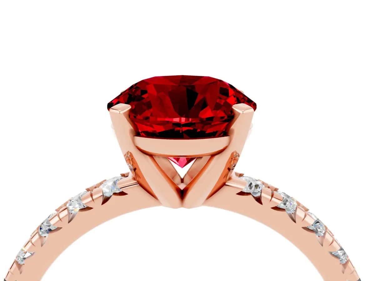 Round Cut Ruby Solitaire Pavé Engagement Ring with Round Band and Prong Setting Rose gold