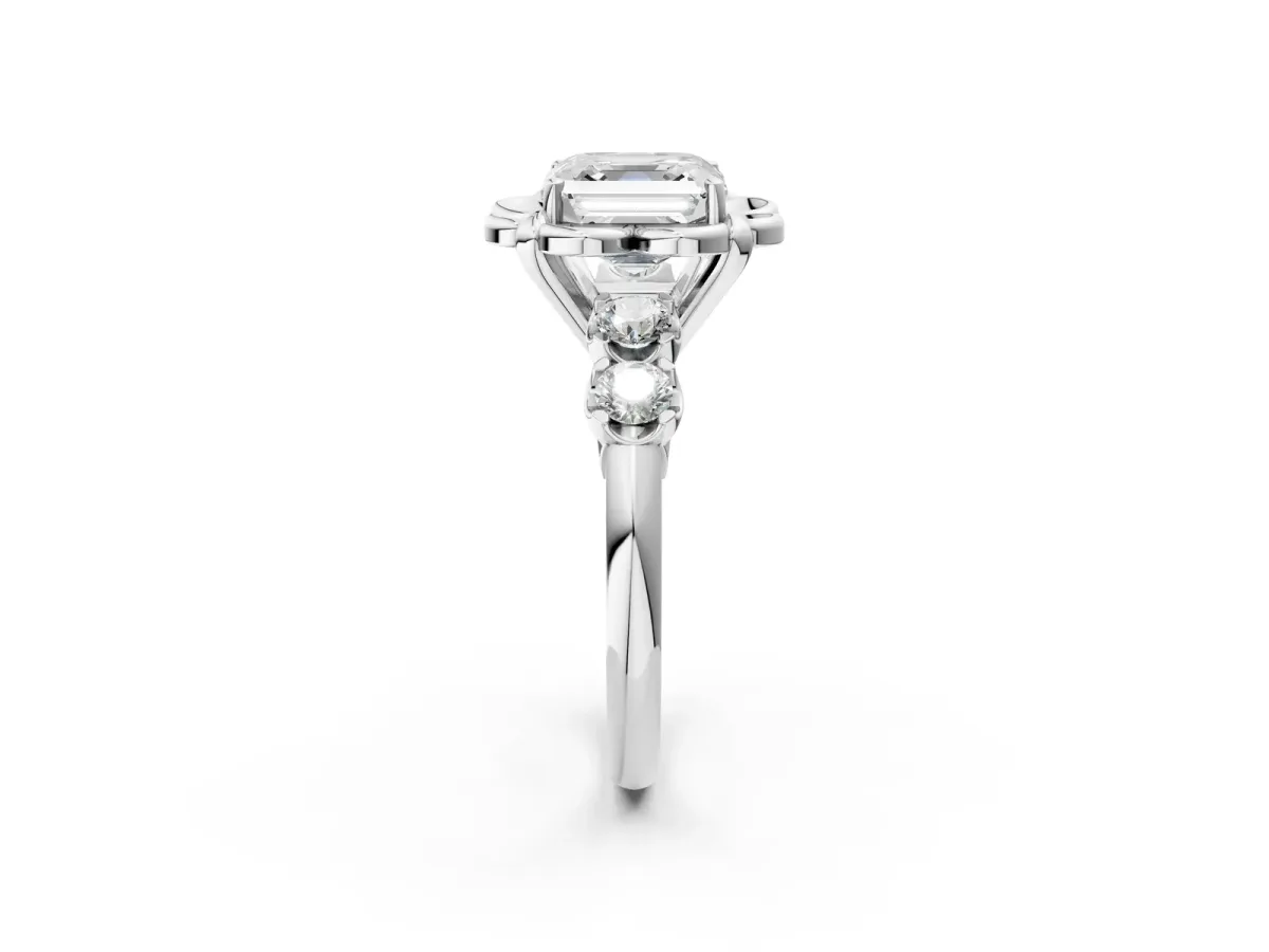 Asscher Cut Cut Diamond Floral Halo Engagement Ring with Shared Prong Setting Silver