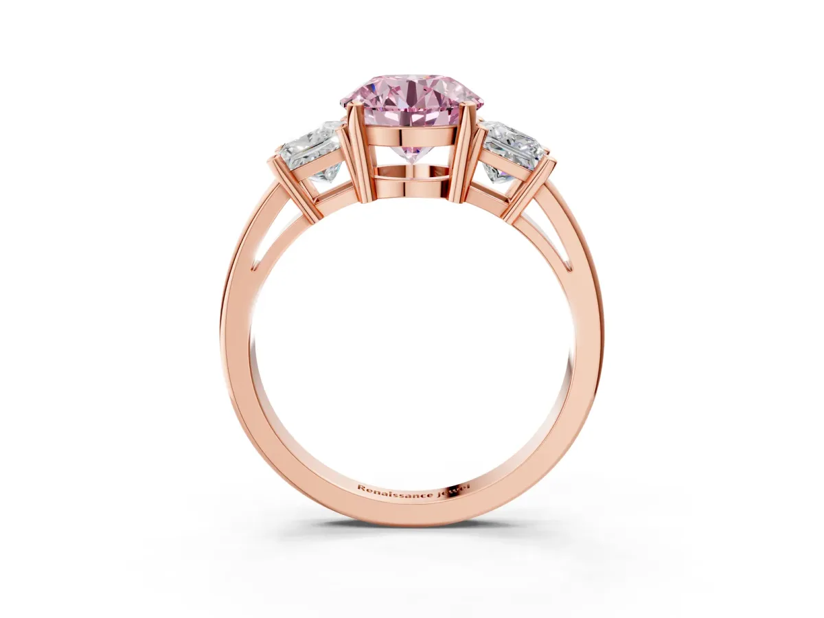 Fancy Pink Three-Stone Round Cut Cut Solitaire Ring with Prong Setting Rose gold