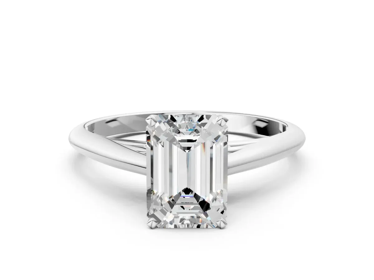 Emerald Cut Diamond Solitaire Engagement Ring with Cathedral Setting and Four-Prong Mount White gold