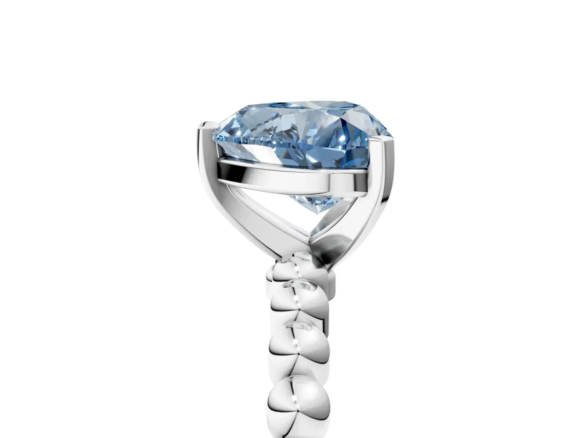 Fancy Blue Heart Cut Diamond Solitaire Ring with Beaded Band and Prong Setting Silver