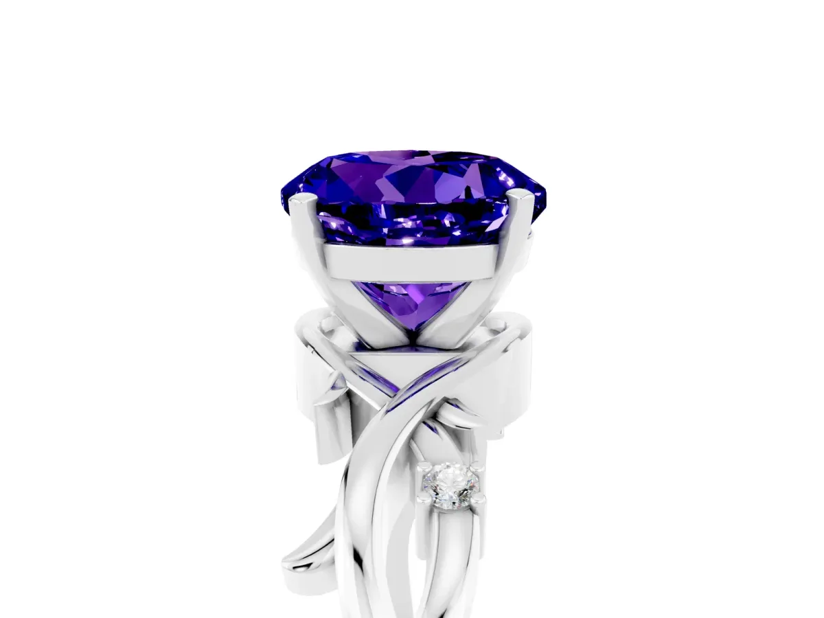 Round Cut Tanzanite Solitaire Ring with Twisted Band and Prong Setting Silver