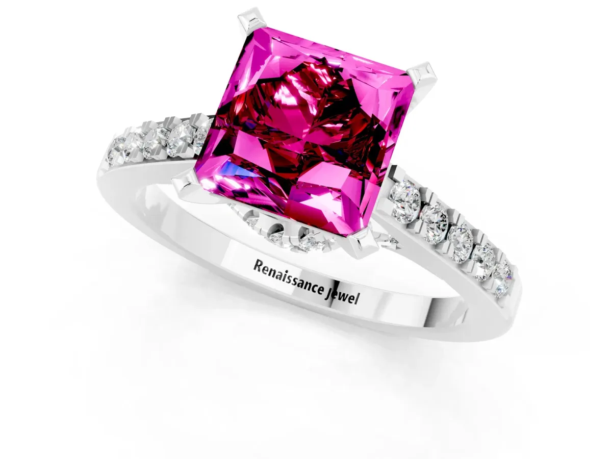 Princess Cut Garnet Solitaire Ring with Crossover Gallery and Round Pavé Band Silver