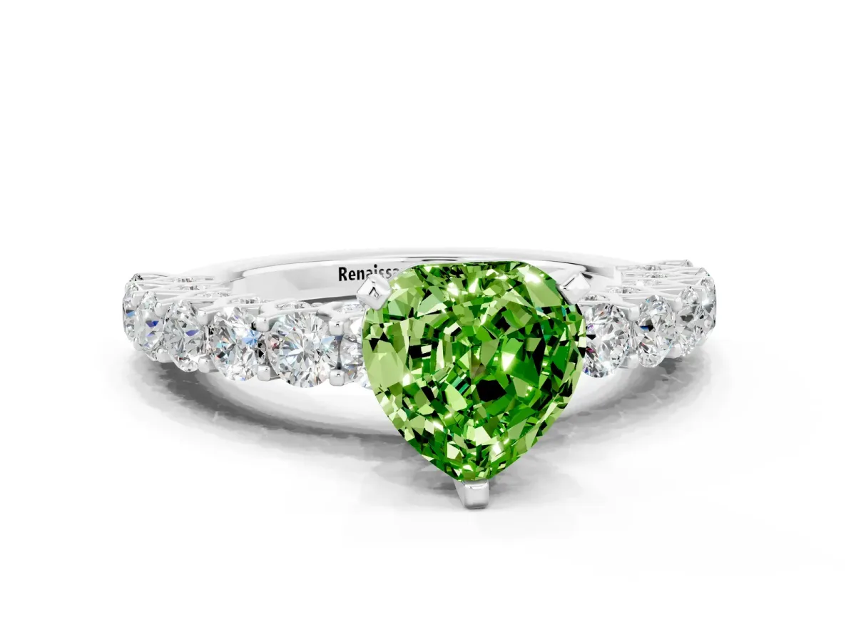 Heart Cut Peridot Solitaire Ring with Shared Prong Pavé Band and Four-Prong Setting Silver