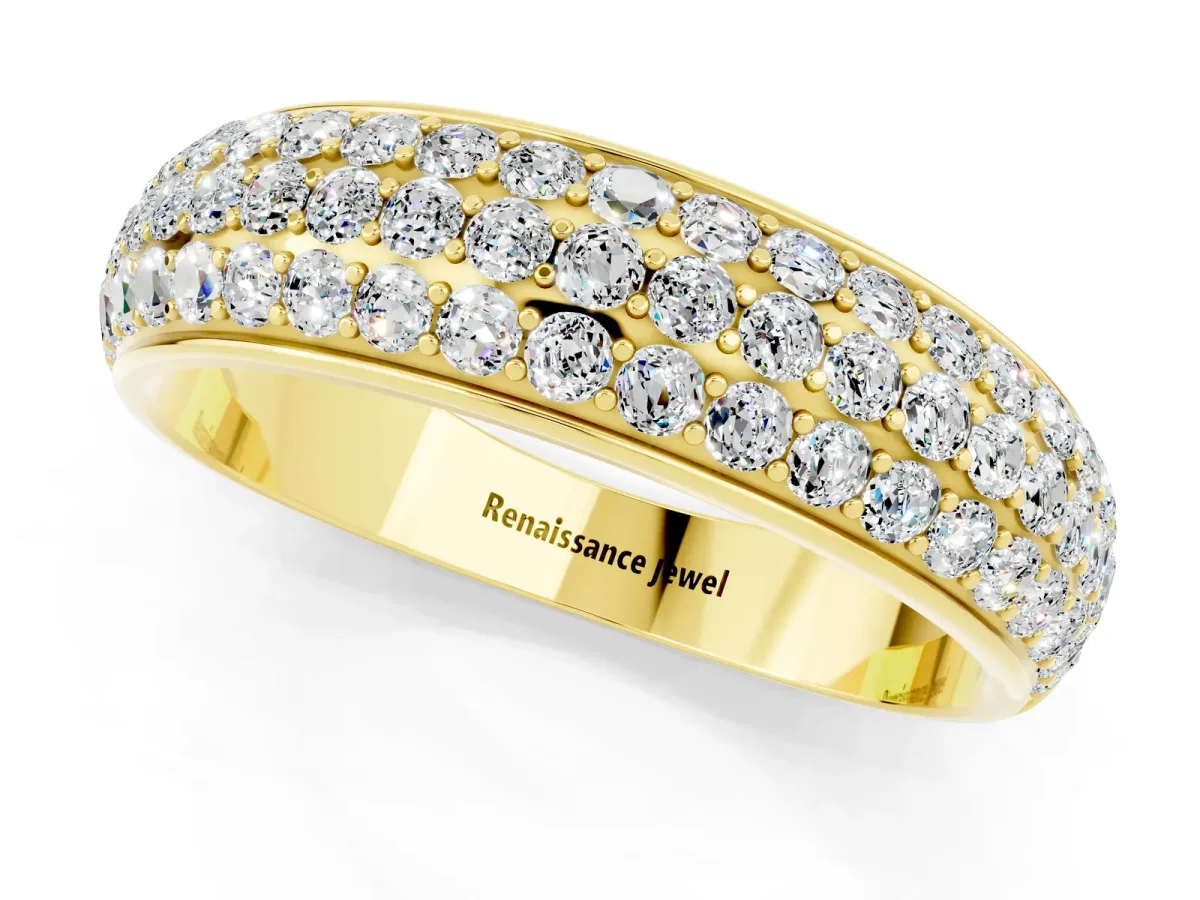 Three-Row Round Moissanite Eternity Band with Shared Prong Setting Yellow gold