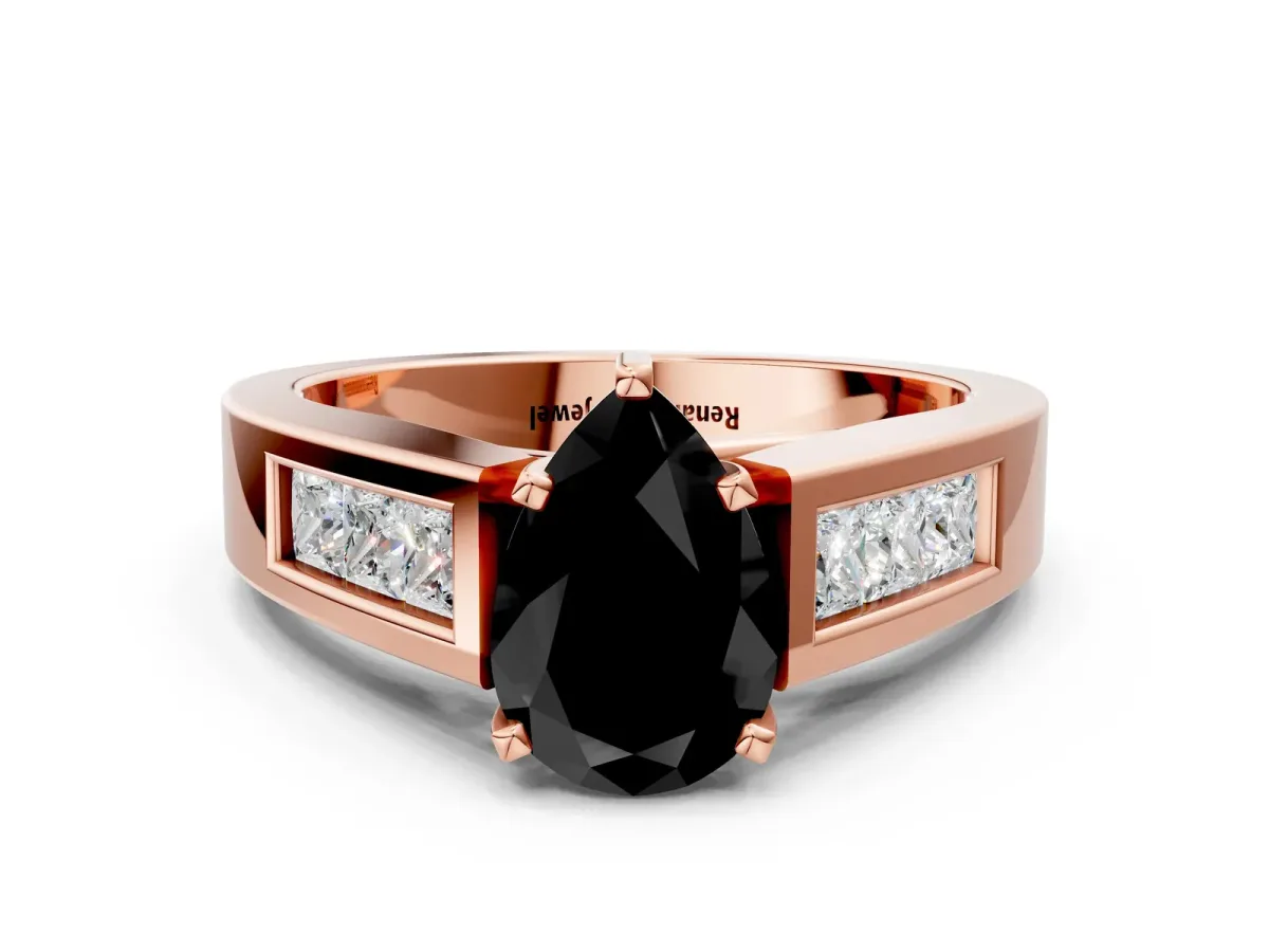 Fancy Black Pear Cut Cut Channel Set Solitaire Ring with Four-Prong Setting Rose gold