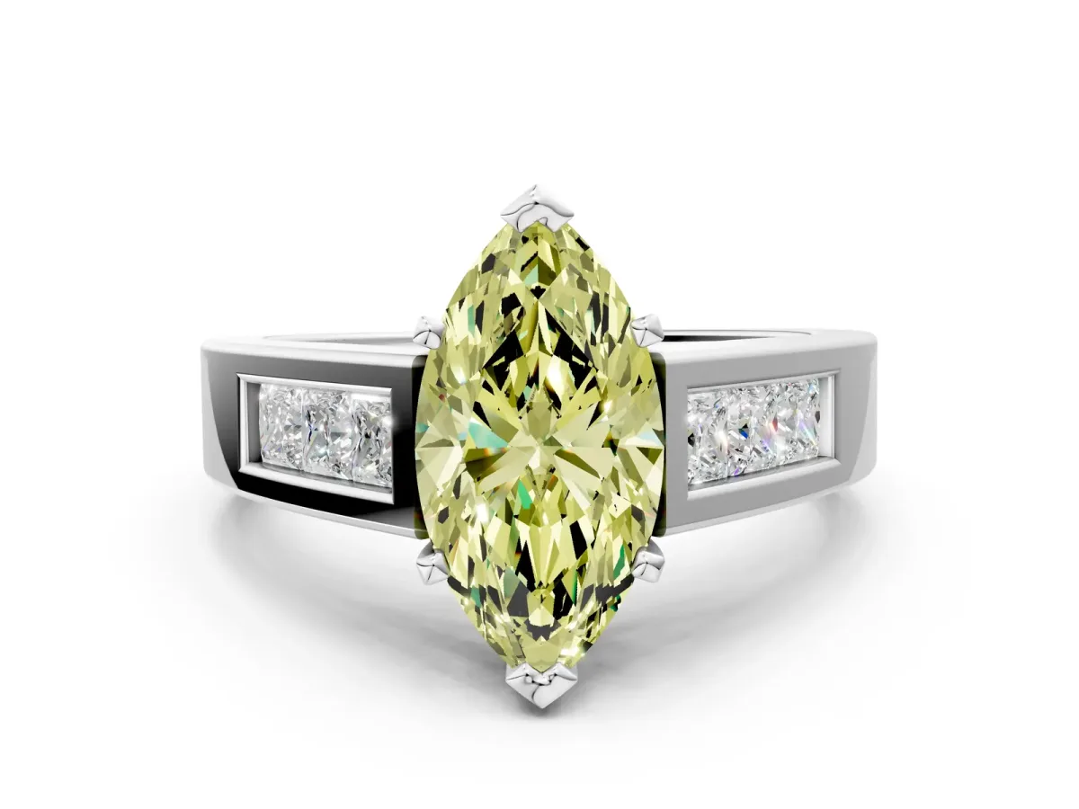 Fancy Yellow Marquise Cut Cut Channel Set Solitaire Ring with Four-Prong Setting Platinum