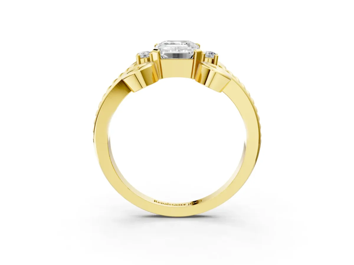 Emerald Cut Solitaire Twisted Band Scroll Prong Ring Yellow gold