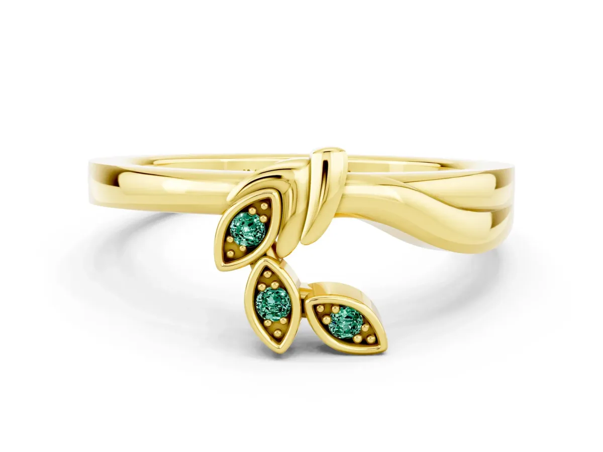 Three-Stone Round Green Sapphire Leaf Bypass Ring with Bezel Setting Yellow gold