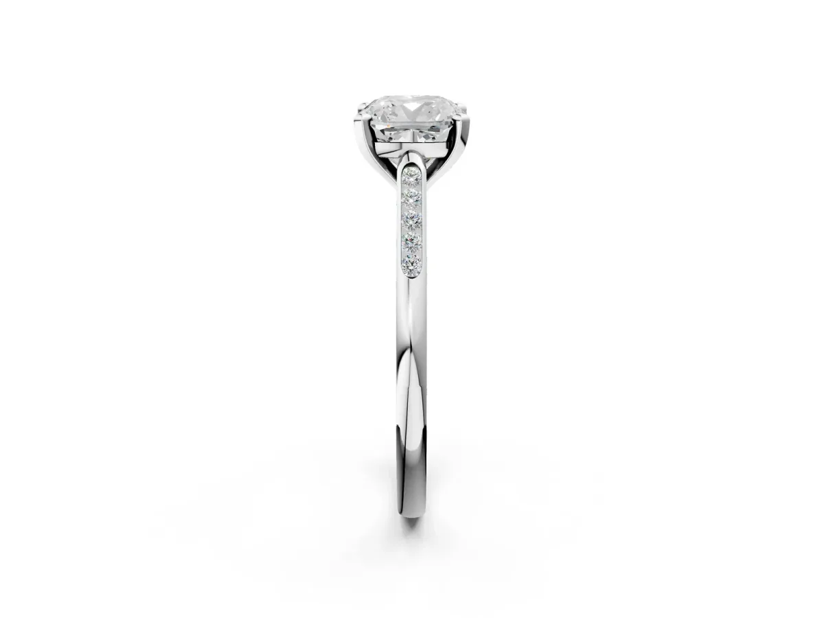 Cushion Cut Diamond Solitaire Ring with Channel Set Round Band and Prong Setting Silver
