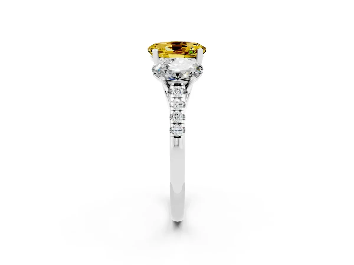 Three-Stone Oval Cut Yellow Sapphire Ring with Round Pavé Band and Prong Setting Silver