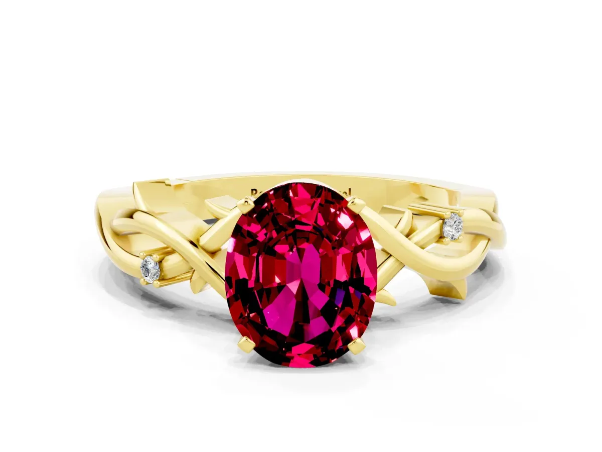 Oval Cut Garnet Solitaire Ring with Twisted Band and Prong Setting Yellow gold