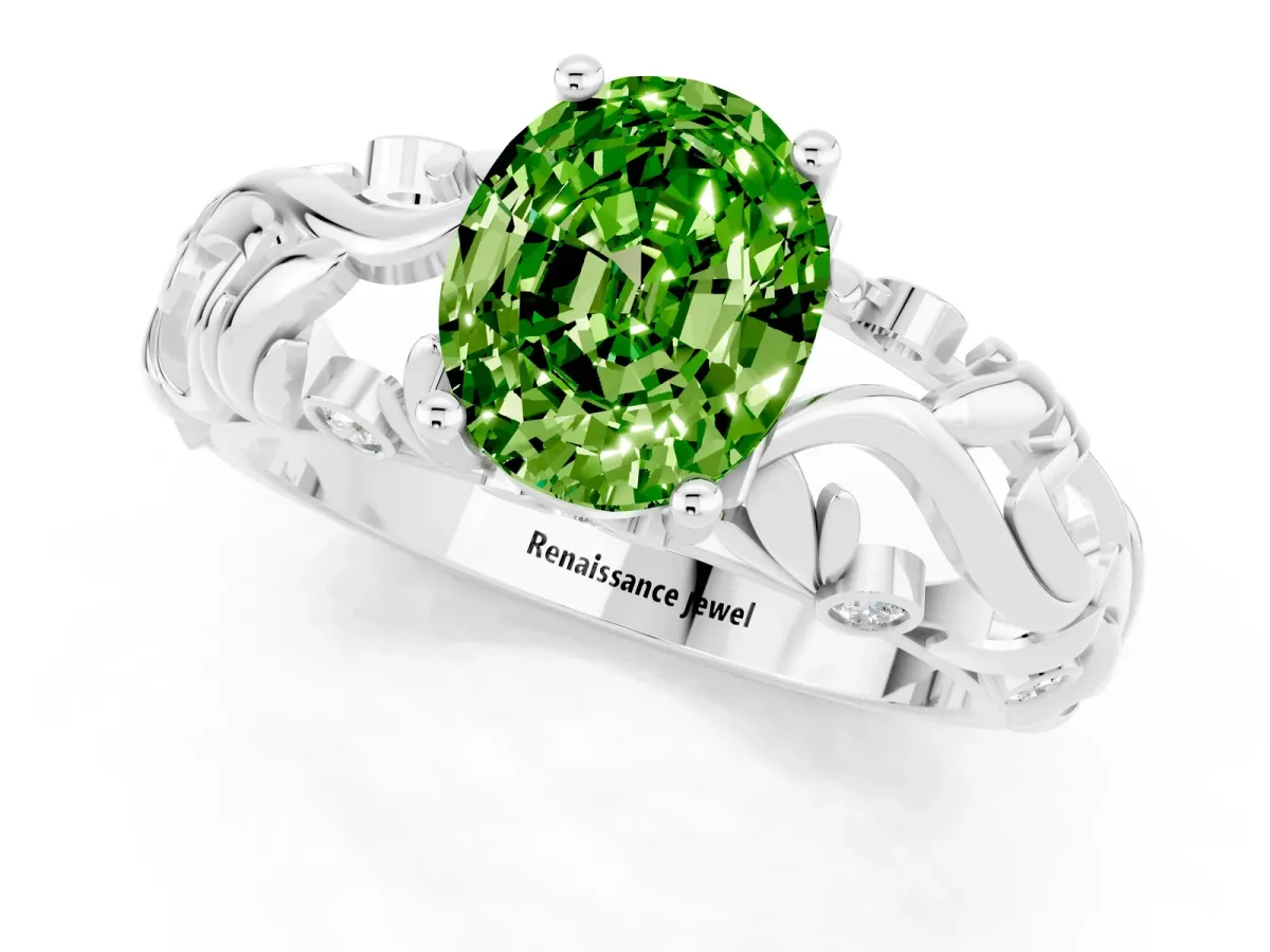 Oval Cut Solitaire Peridot Leaf-Inspired Vine Band Ring with Prong Setting White gold