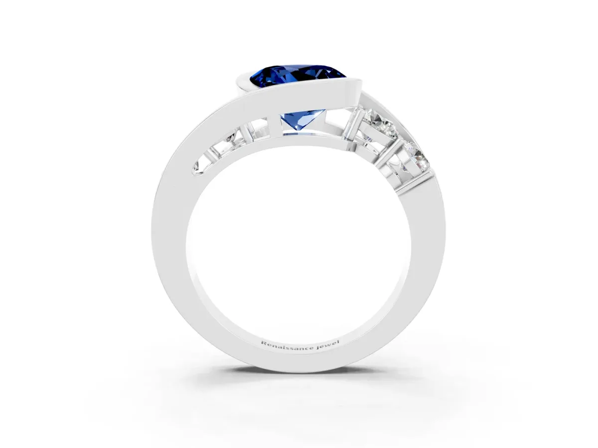 Bezel Set Round Cut Blue Sapphire Bypass Ring with Round Accents Platinum